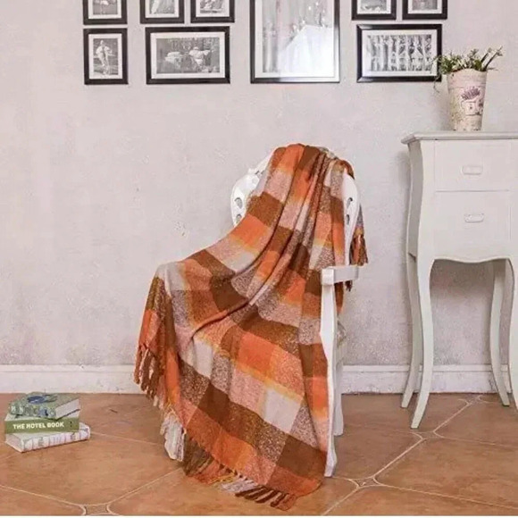 Orange Plaid Blanket Throw Acrylic Soft Reversible Dyed Fringed Bed Blanket f... - Picture 2 of 14